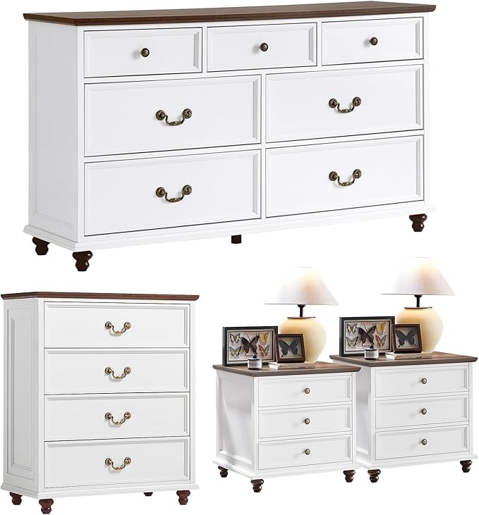 24" Wide Farmhouse Nightstand Set of 2, 54" 7 Drawers Dresser, 37" Tall Rustic Chests of Drawers w/ 4 Solid Wood Feet, Farmhouse Furniture Series for Living Room,Bedroom,White