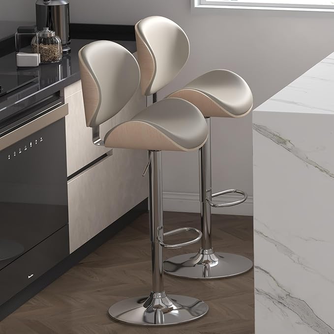 Adjustable Swivel Bar Stools 1 PC, Modern Bentwood Barstool with Large Metal Base and Footrest, PU Leather Upholstered Bar Chair with Curved Back for Kitchen Island Dining Room, Gray