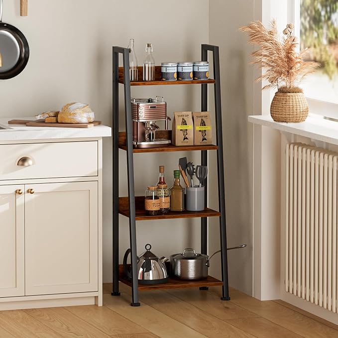 Furologee 4-Tier Ladder Shelf, Ladder Bookshelf with Removable Drawer, Rustic Bookcase Storage Rack Organizer, Wood Metal Freestanding Storage Shelves for Living Room, Home Office, Bedroom, Kitchen