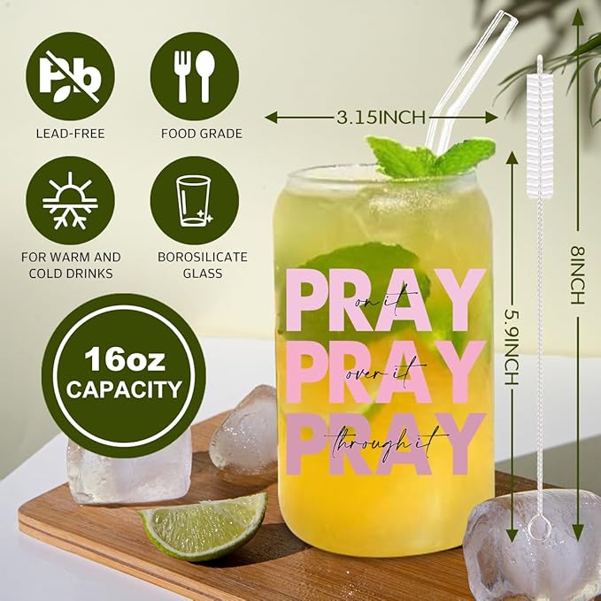 Pray It Pray Over It 16oz Prayer Glass Cup with Lid, Straw & Inspirational Quote for Christian Women & Cancer Care Gifts