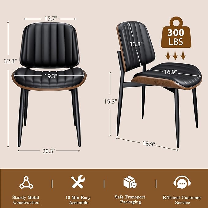 Dining Chairs Set of 4, Mid-Century Modern Upholstered PU Leather Chairs with Walnut Bentwood Back and Metal Legs Adjustable Feet for Kitchen Dining Living Room, Dark Black Vertical Stripes