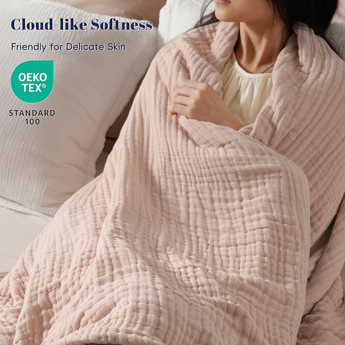 PHF Cooling Muslin Blanket Twin Size 60"x80", 6-Layer Lightweight Gauze Blanket Made from 35% Rayon Derived from Bamboo & 65% Cotton, Breathable & Ultra Soft Cozy, Aesthetic Home Decor, Cameo Rose