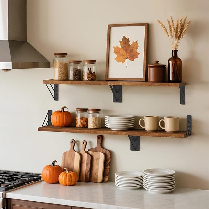BAYKA Wall Shelves for Bedroom Decor, Floating Shelves for Wall, Display Mounted Rustic Wood Shelf for Books,Plants,Corner Shelves for Bathroom,Kitchen,Living Room(Rustic Brown,Set of 3)