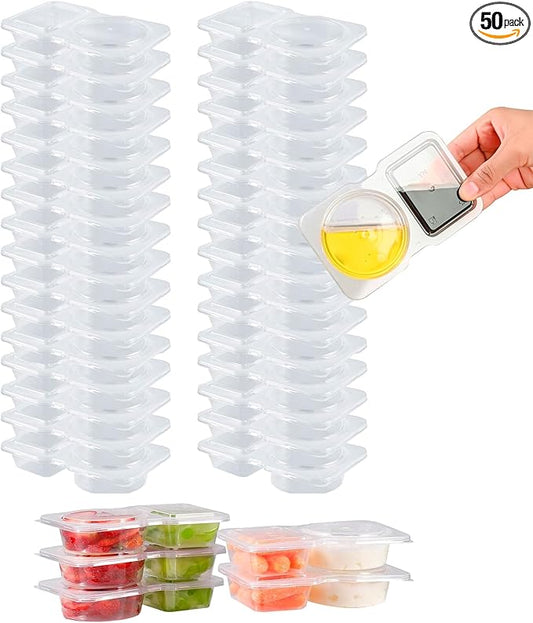 Blueash 50 Sets Reusable Snack Containers, Double Compartment Dipping Containers with Lid for Sauces,Fruits,Vegetabble,Travel Picnic