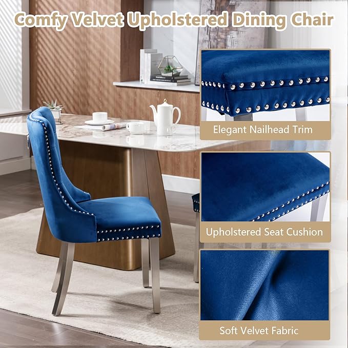 Goujxcy 5 Piece Round Glass Dining Table Set for 4, 47" Round Dining Table & Chair Set Modern Circle Glass Kitchen Table and 4 Velvet Upholstered Chairs for Kitchen Dining (Silver Table & Blue Chair)