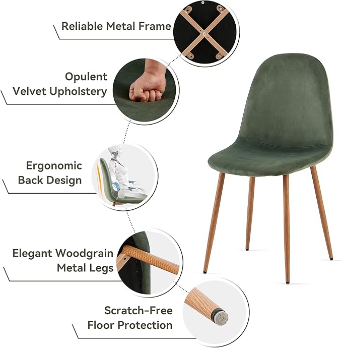 Howtek Mid-Century Modern Dining Chairs Set of 4, Green Velvet Upholstered Kitchen Side Chairs with Backrest & Metal Legs for Dining Room, Living Room, Restaurant