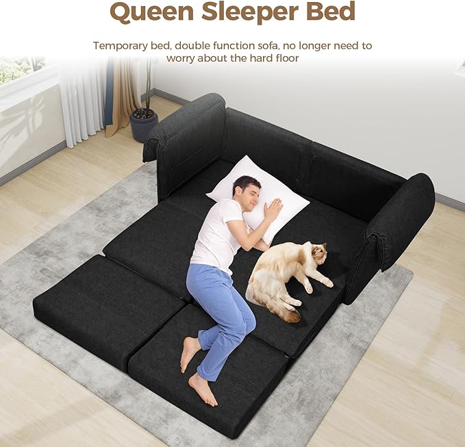 FHFO 65" Loveseat Sleeper Couch for Small Spaces, 3 in 1 Pull Out Sofa Bed Convertible Sleeper Sofa Comfy Sofabed for Living Room, Bedroom, Apartment (Black)