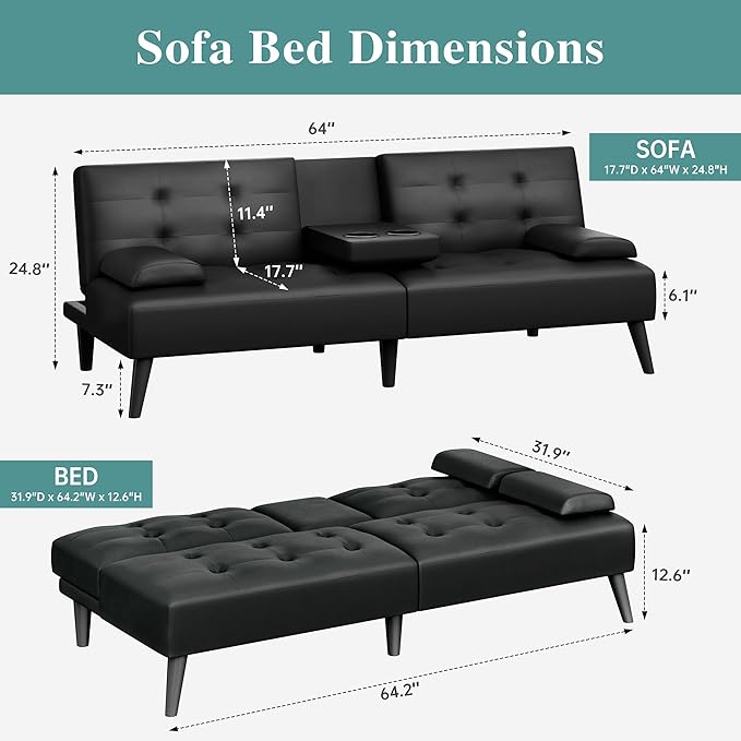 Meilocar Futon Sofa Bed Couch, Small Futon Set, Convertible Sofa Bed for Living Room Office, 2 Cup Holders, Removable Armrest, 3 Angles Backrest (PU Leather, Black)