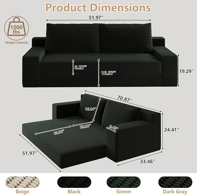 Cloud Loveseat Sofa, Modern Corduroy 2-Seater Couch with Deep Seat, No Assembly Required Memory Foam Sofa, Boneless Sofa in a Box for Bedroom, Apartment, Office,Small Space (Dark Grey,70.87in)