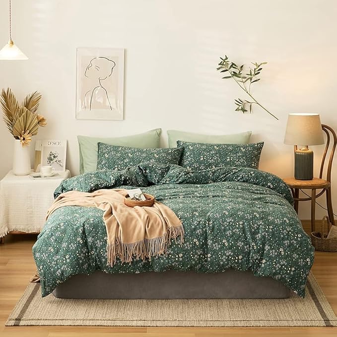 Vintage Green Floral Duvet Cover Full Size Jersey Knit Cotton Chic Floral Bedding Set Garden Style Botanical Flower Comforer Cover Floral Cottagecore Bedding Set 1 Duvet Cover with 2 Pillowcases