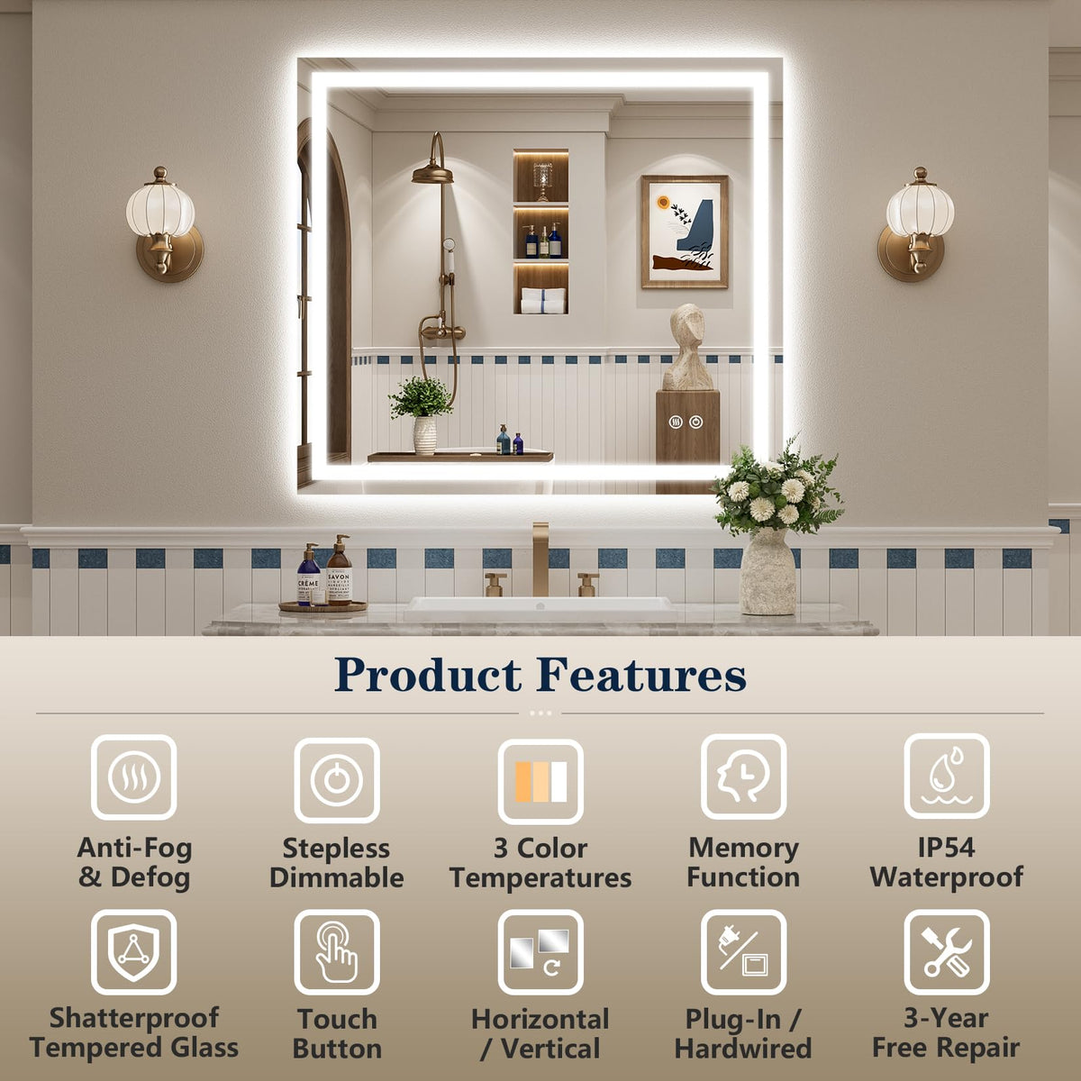 VEEYLOS 40x36 Inch LED Bathroom Mirror with Lights, Backlit & Front Lit