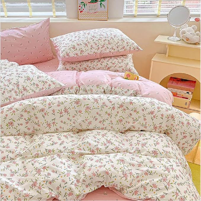 Pink Floral Duvet Cover Full Size 100% Cotton Chic Flower Botanical Duvet Cover Garden Style Girls Floral Comforter Cover with Zipper Closure Vintage Floral Cottagecore Bedding Set with 2 Pillowcases