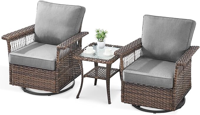 Outdoor Swivel Glider Chairs - 3 Pieces Hollow Widen Armrests Wicker Patio Furniture Set with Side Table, High Back Outside Swivel Rocker for Balcony Porch Deck and Yard - Brown/Gray