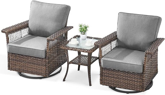 Outdoor Swivel Glider Chairs - 3 Pieces Hollow Widen Armrests Wicker Patio Furniture Set with Side Table, High Back Outside Swivel Rocker for Balcony Porch Deck and Yard - Brown/Gray