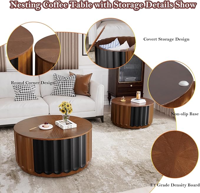 Round Nesting Coffee Table with Storage Stylish Chic Wooden Circle Center Table - Handcraft Relief Veneer for Living Room Study Balcony (F 26.8+19.7in)
