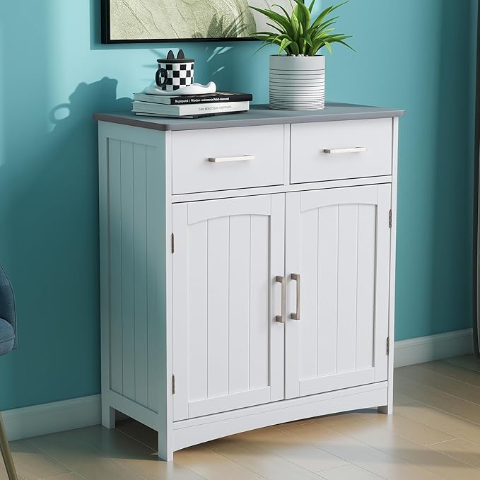 Modern White Buffet Cabinet, 26x30 Inches, 2 Doors, 2 Drawers, Adjustable Shelves, Anti-Fall Drawers, Dining Room Storage