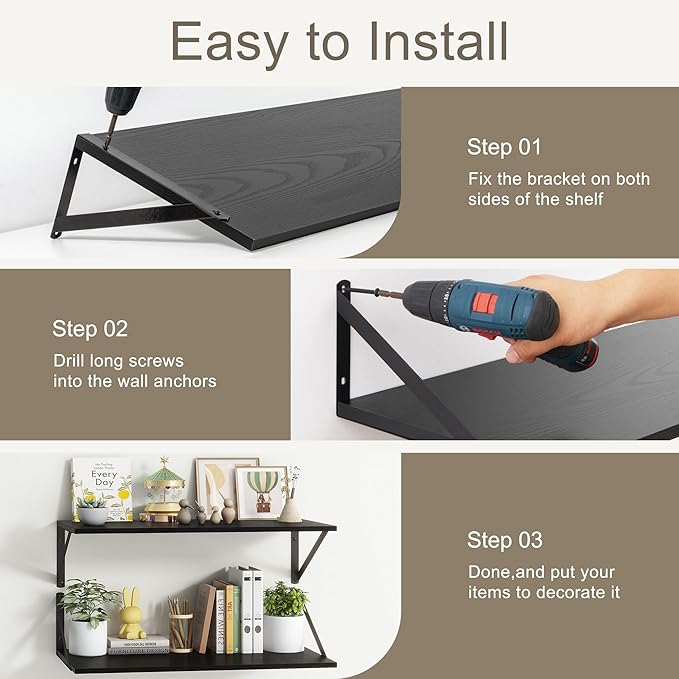 Fun Memories Black Floating Shelves 18 Inch Long, Rustic Floating Shelf with Brackets, 10 Inch Deep Wall Shelves, Black Bathroom Shelves, 18 x 10 Storage Shelf for Kitchen, Living Room, Set of 2