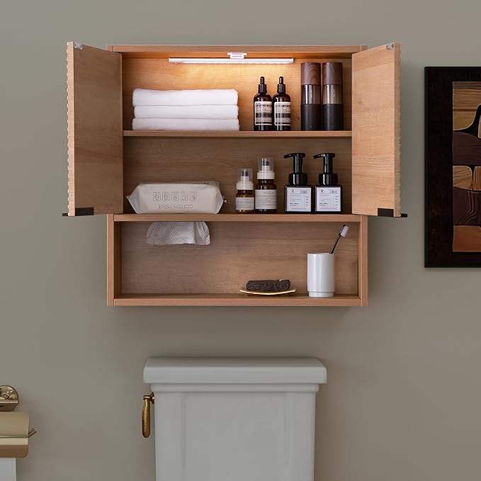 Bathroom Storage Cabinet with Motion Sensor LED Light, Wooden Medicine Cabinet Wall Mounted Cupboard with Disposable Face Towels Hole, Over Toilet Storage Cabinet and Adjustable Shelf (Oak)