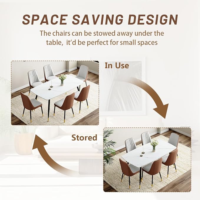 7 Piece Modern Dining Set, 62'' Sintered Stone Dinner Table for 6, Easy to Assemble