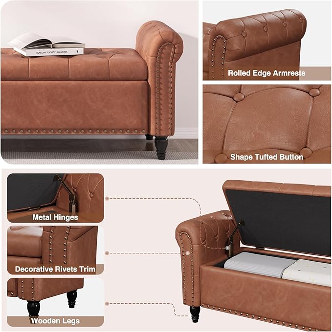65 Inch Bedroom Bench, End of Bed Bench with Storage, Bed Benches for Foot of Bed, Faux Leather Window Bench with Tufted Button and Nailhead Trim, Upholstered Storage Bench with Rolled Arms, Brown