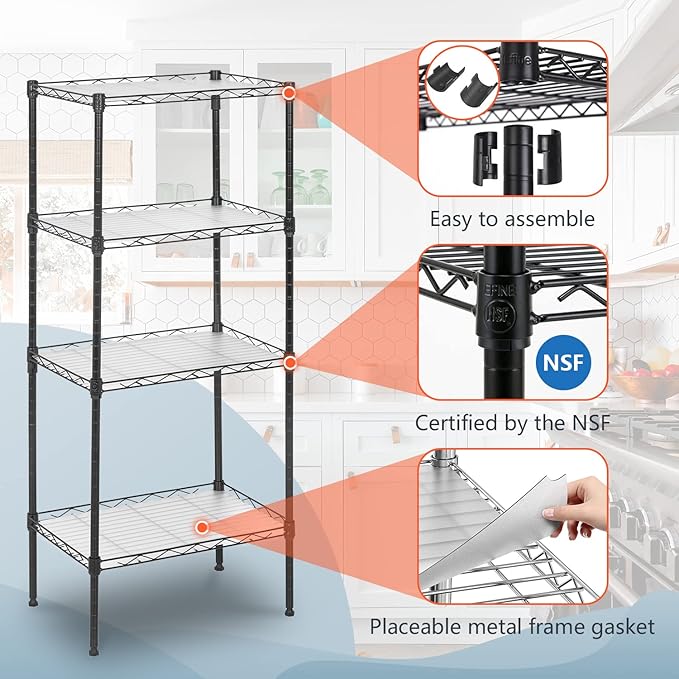 FDW 18L x 12W x 44H Wire Shelves Metal Shelf with 4 PP Sheets Storage Shelves 4 Tier Layer Storage Shelves for Laundry Bathroom Kitchen Garage,Black