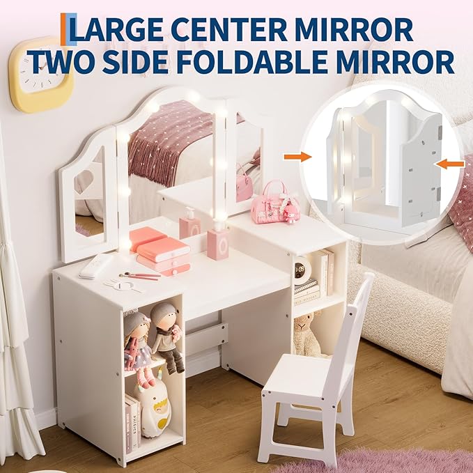 GarveeHome Kids Vanity with Lights Storage Cabinet & Touch Light Detachable Tri-Folding Mirror, 2 in 1 Toddler Vanity Table & Chair Set Wooden Girls Vanity Dress Table for Girls