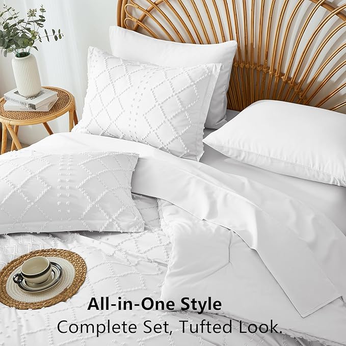 White Tufted Comforter Set King Size 7 Piece Bed in a Bag,Shabby Chic Boho Comforter and Sheet Set,All Season Soft Microfiber Complete Bedding Set(White,102"x90")
