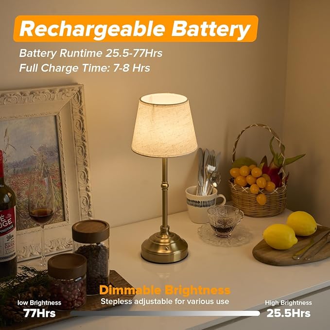 2 Pack Cordless Table Lamp, Rechargeable Desk Lamp with Fabric Shade, Battery Operated Lamp 3 Color Stepless Dimming, Small Touch Bedside Lamp Home Decor for Dining, Counter (Brushed Gold)