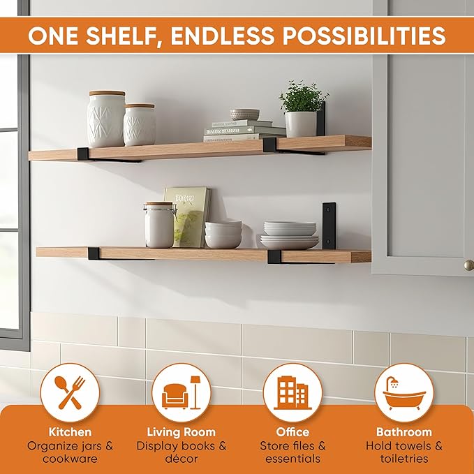 12 Inch Heavy Duty Wall Shelf 0,2" Thick, Black Shelf Bracket, Wall Brackets for Shelves + Built-in Level & 2 Magnetic Hooks, Matte Black Powder-Coated Carbon Steel, Metal Garage Shelves Wall Mounted
