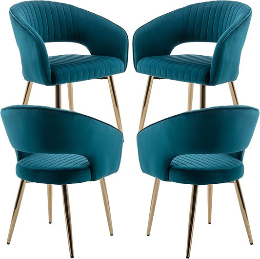 Modern Velvet Dining Chairs Set of 4, Upholstered Gold Dining Chairs with Hollow Back, Dining Room Chairs with Gold Legs, Accent Armrest Kitchen Chairs for Living Room Reception Teal Blue