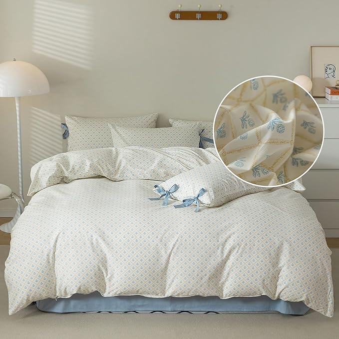 Blue Floral Duvet Cover Full Soft Cotton Garden Style Floral Bedding Comforter Cover Plaid Grid Design Vintage Blue Flower Duvet Cover with 2 Bowknot Pillowcases Botanical Cottagecore Bedding Set Full