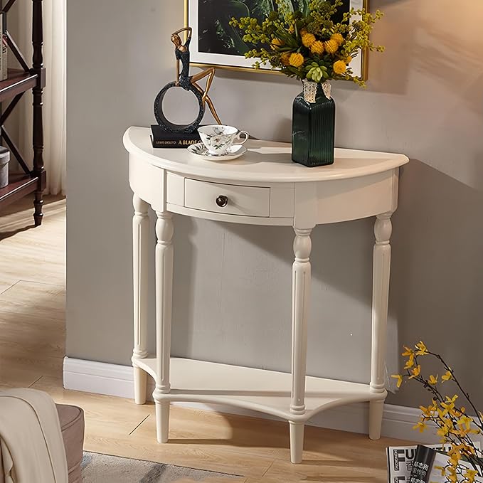 Solid Wood Console Table with Drawer, Semi-Circle Entryway Storage Shelf, Half-Moon Porch Table Side Elegant Vintage Sofa for Living Room (White (35.4" L x 15.0" W x 34.4" H))