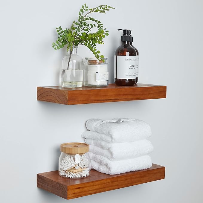 Homeforia 16 inch Oak Floating Shelf, High End Solid Real Wood 16inch Small Floating Shelves for Wall Mounted, Honey Oak Wooden 16in Floating Shelves, Heavy Duty Bracket, 16 X 6.5 X 1.75 in, Set of 3