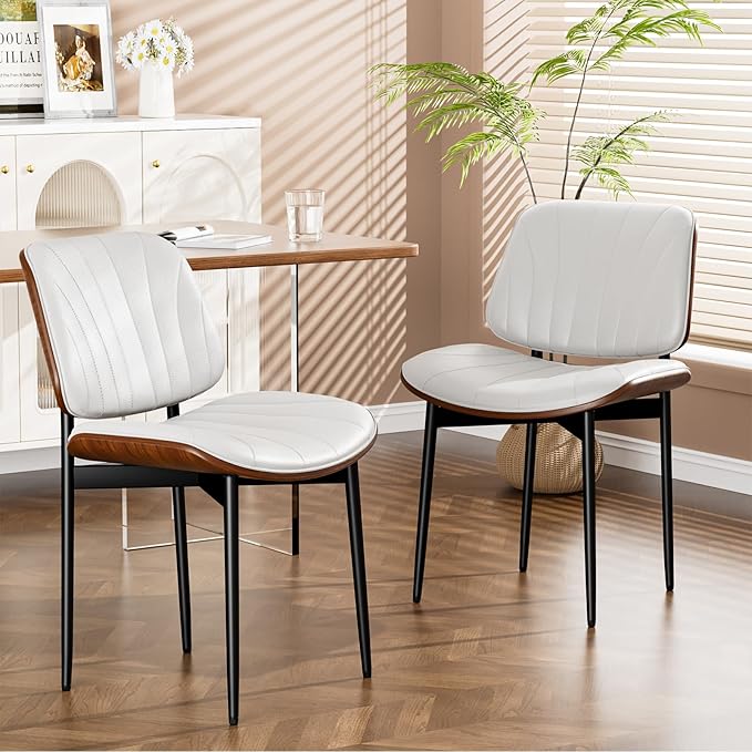 Dining Chairs Set of 2, FSC Certified Mid Century Modern Accent Dining Room and Kitchen Chairs, Upholstered PU Leather Shell Chairs for Vanity with Walnut Bentwood and Metal Legs, White