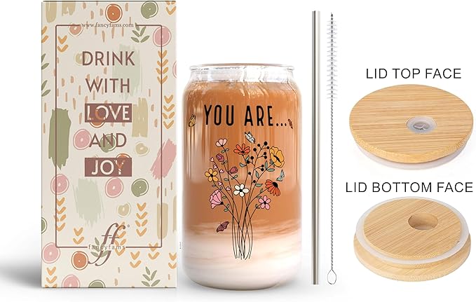 Fancyfams 16 oz Glass Drinking Cup with Bamboo Lid, and Straw, Women of the Bible Drink Cup, Christian, Religious, Mothers Day, Birthday Gifts for Women, Affirmation, Jesus Coffee Jar (You Are)