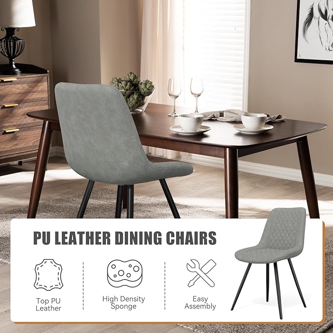Modern Dining Chairs Set of 6, Top PU Leather Upholstered Dining Room Chairs with Metal Legs, Ergonomic Kitchen Chairs for Kitchen Dinning Room, Grey