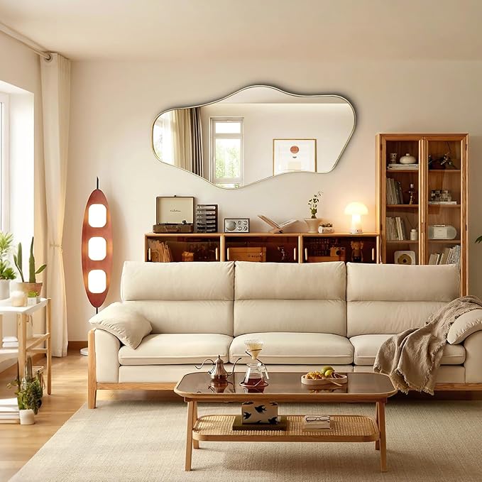 Irregular Wall Mirror, 47"x25" Large Asymmetrical Mirrors with Gold Metal Frame, Cloud Shaped Mirror, Modern Abstract Mirrors for Living Room Bathroom Bedroom Hallway Entryway Fireplace