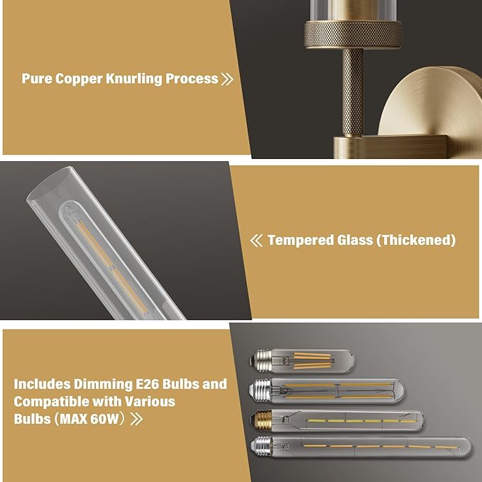 Brass Wall Sconces, 30in Gold 2-Light Double Glass Sconces Wall Lighting, Bathroom Knurled Vanity Light Sconces, Wall Lights for Living Room Bedroom（Including Bulb）
