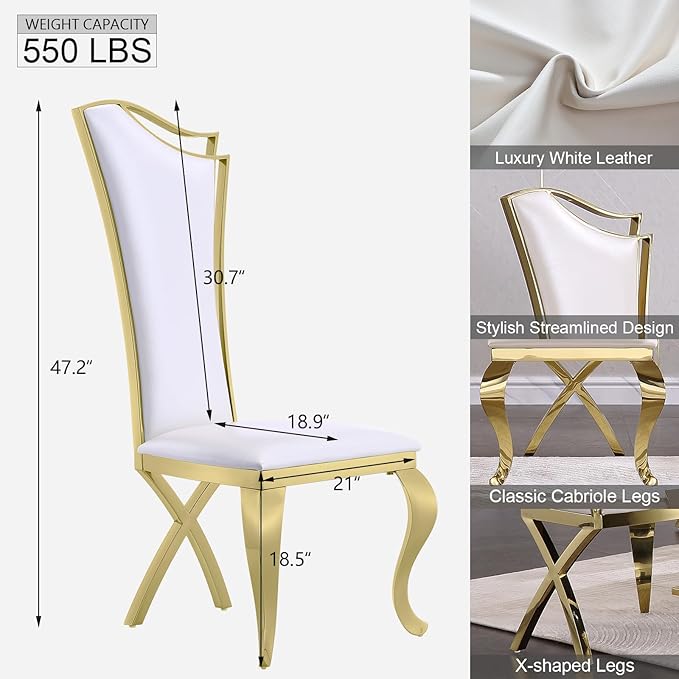 White and Gold Dining Chairs Set of 6, White PU Leather Dining Room Chair with Gold Polished Metal Legs, Glam Upholstered Kitchen Chairs for Dining Room, Kitchen, Living Room