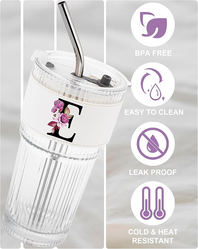 Monogram Glass Cup with Lid Straw Ribbed Ice Tea Coffee Matcha Mujer Vasos Vidrio Latte Clear Tumbler Regalos Mother Day Mama Mommy Bonus Best Mom Ever Asthetic Special Custom Personalized Gift E