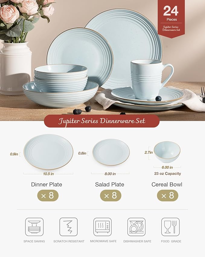 Famiware Jupiter Dinnerware Set, Plates and Bowls Dish Sets for 8 (24 Pieces), Microwave and Dishwasher Safe Stoneware Speckled Tableware, Chip and Scratch Resistant, Light Blue
