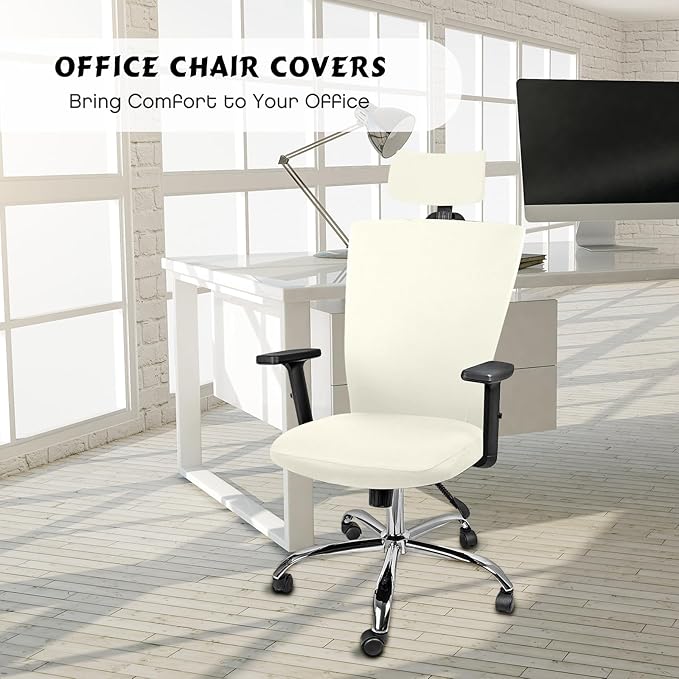 Lounsweer 3 Pieces Office Chair Cover Rolling Desk Chair Cover Gaming Covers Stretch Washable Protector Pets Slipcovers for Swivel Armchair Boss(Classic,Ivory White)