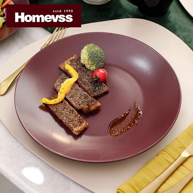 Stoneware Two-Tone Colors Life 18pc Dinner Set，Outside Shiny Black + Inside Matte Glaze Plum