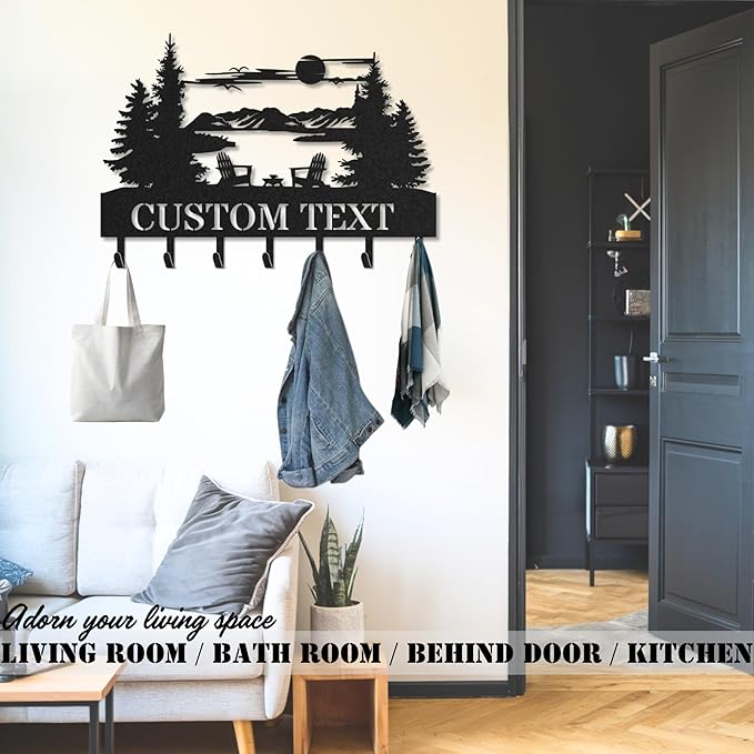 Personalized Key Holder for Wall, Custom Metal Forest Camp Cabin Key Hooks with Name, Metal Jacket Holder Hooks Organizer Rack, Coat Hanger Decor for Kitchen, Entryway, Hallway