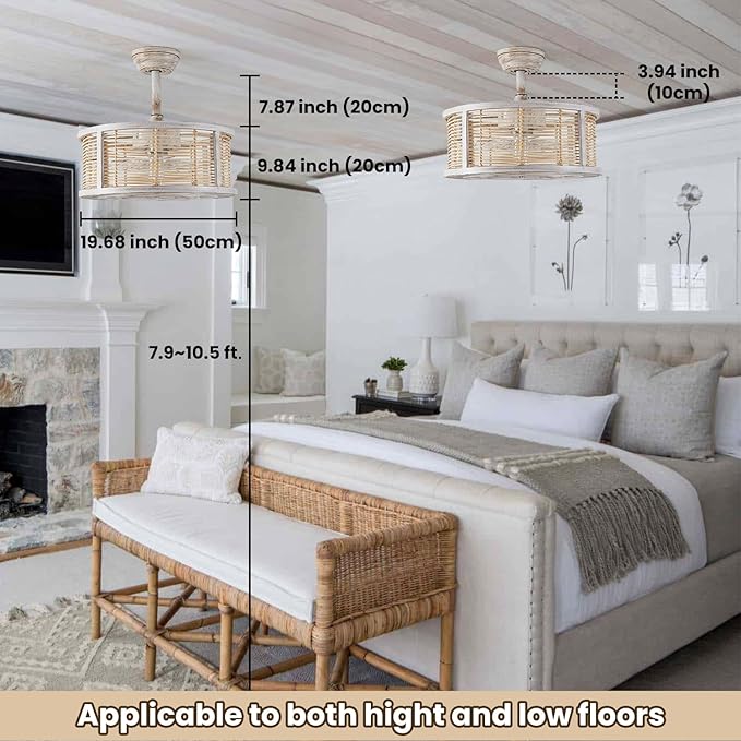 hummingbird 20 Inch Rattan Caged Ceiling Fan with Light, Boho White Fandelier Ceiling Fan with Lights and Remote, Enclosed 6 Speed for Bedroom Kitchen Dining Room