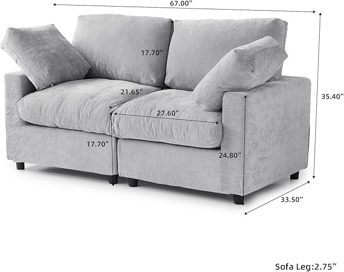 JACH 67" Love Seat Sectional Couches for Living Room, Deep Seat Modular Sofa, Cloud Sectional Couch, Sofa Covers Washable, Minimalist Modern Couch for Living Room, Apartment, Light Grey