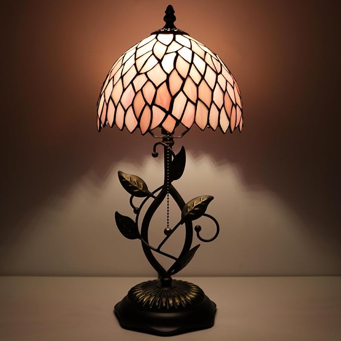 Small Tiffany Lamp Pink Leaf Style Stained Glass Table Lamps Desk Bedside Reading Light 8X8X18 Inches with Bronze Metal Leaf Resin Base
