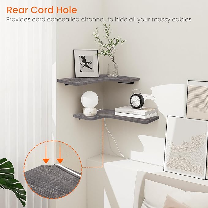 Homode Corner Shelves Wall Mounted, Set of 3 Floating Corner Shelves with Cord Hole, 3 Tier Wooden Hanging Shelves for Storage and Display, for Bathroom Kitchen Living Room, Rustic Grey