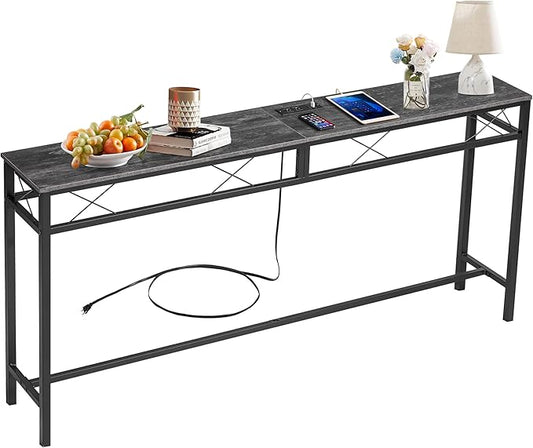 VECELO 55In Extra Long Narrow Sofa/Console Table with Charging Station & Power Outlet and USB Ports, for Entryway, Living Room, Office, Industrial, Grey