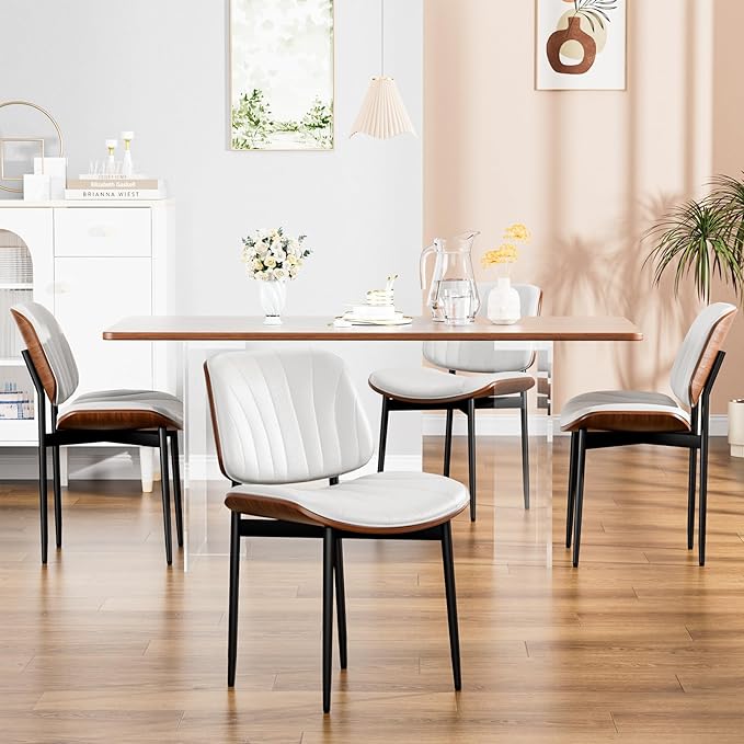 Dining Chairs Set of 2, FSC Certified Mid Century Modern Accent Dining Room and Kitchen Chairs, Upholstered PU Leather Shell Chairs for Vanity with Walnut Bentwood and Metal Legs, White